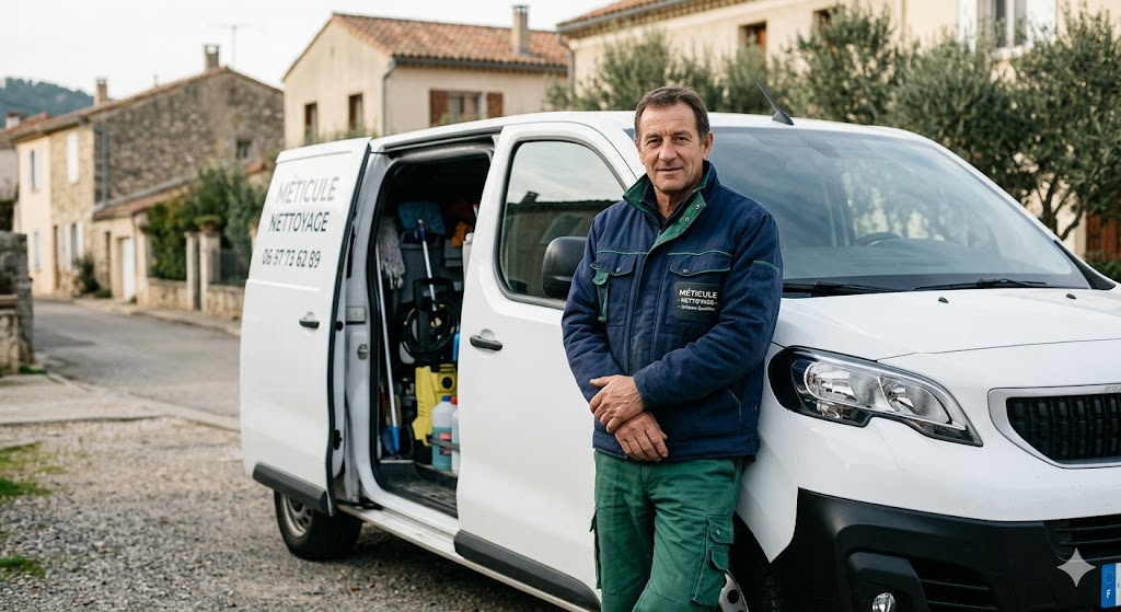 Portrait de l'artisan devant sa camionnette