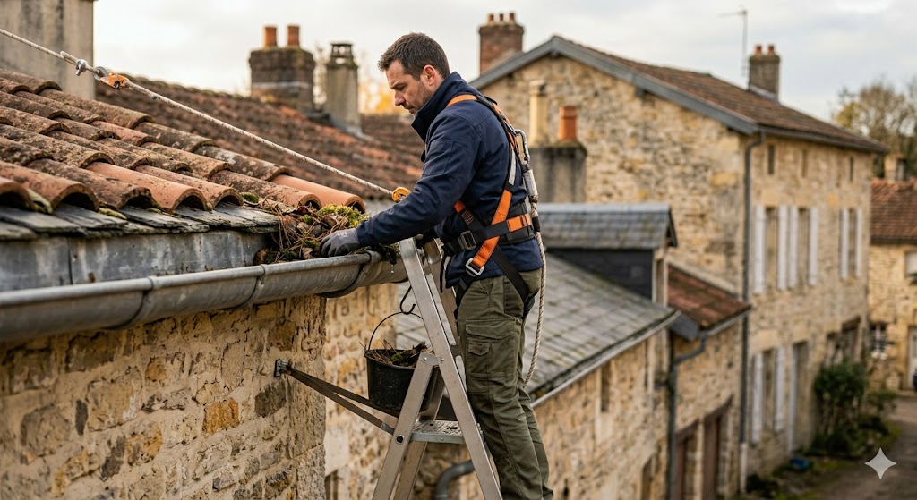 Technicien harnaché nettoyant une gouttière à l'échelle