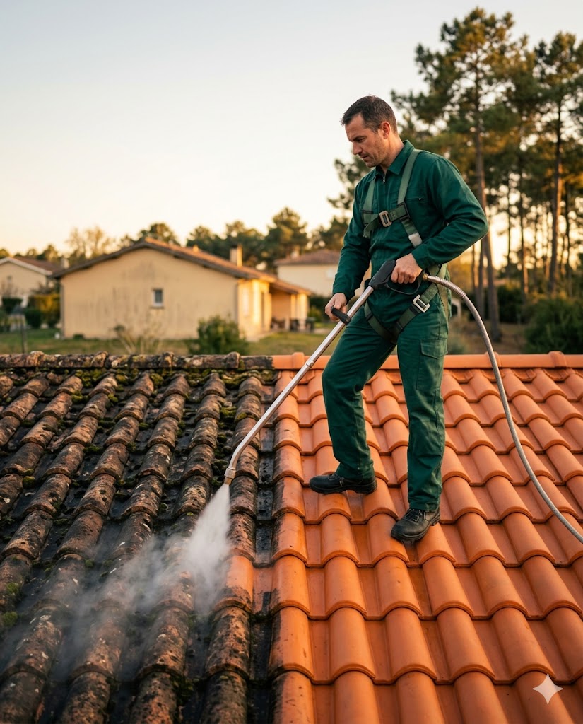 Technicien Ecovaptoiture nettoyant une toiture à la vapeur basse pression