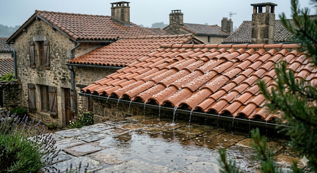 Toiture traitée sous la pluie — ruissellement