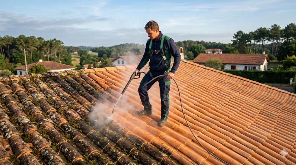 Nettoyage vapeur écologique de toiture — technicien sur toit tuiles