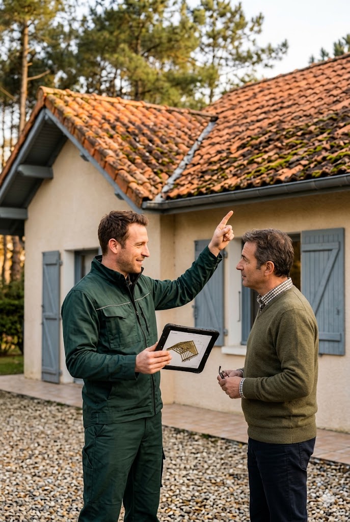 Technicien Ecovaptoiture en rendez-vous client devant une toiture