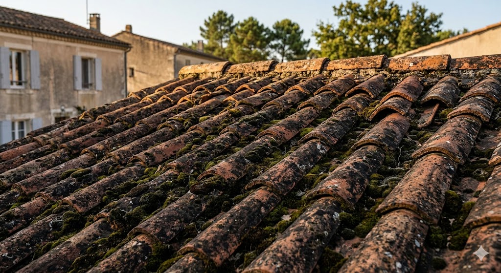 Toiture envahie de mousses avant nettoyage